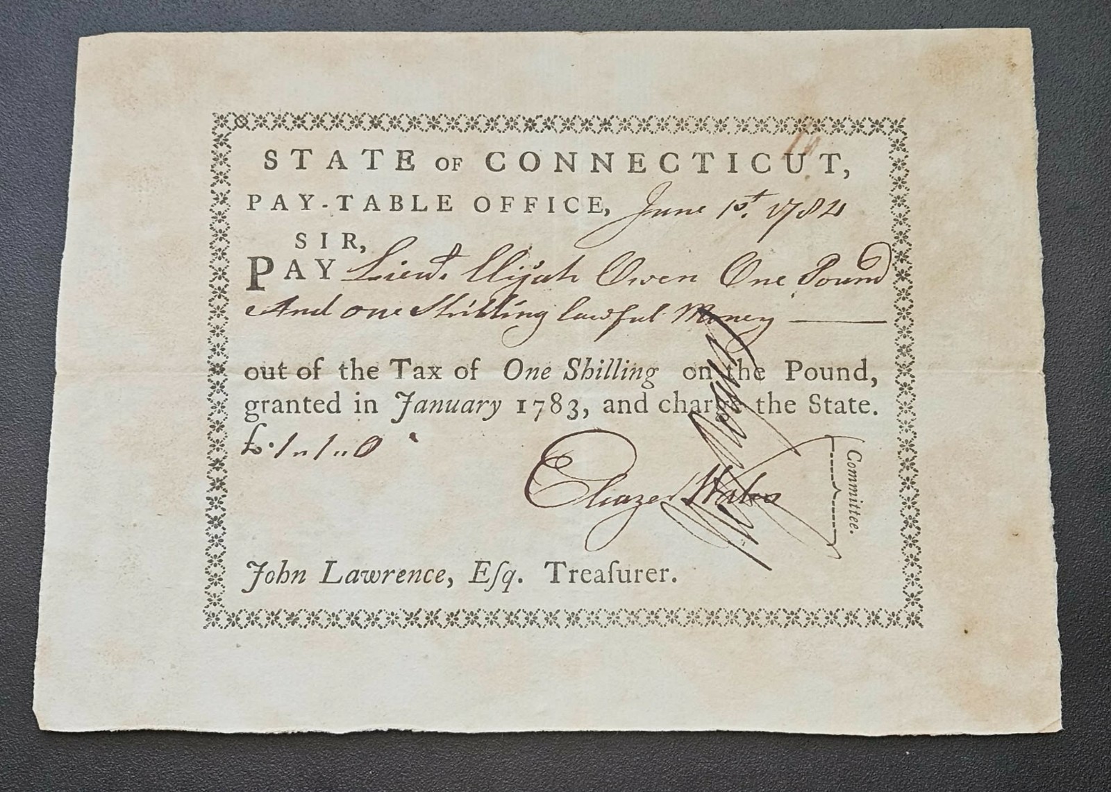 1784 REVOLUTIONARY WAR Colonial Soldier Pay Order Connecticut One Pound Shilling