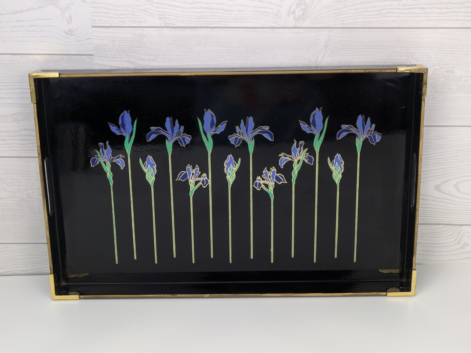 Vtg Otagiri Japan Laquerware Blue Iris Rhapsody Floral Gold Accent Tray 18x11”