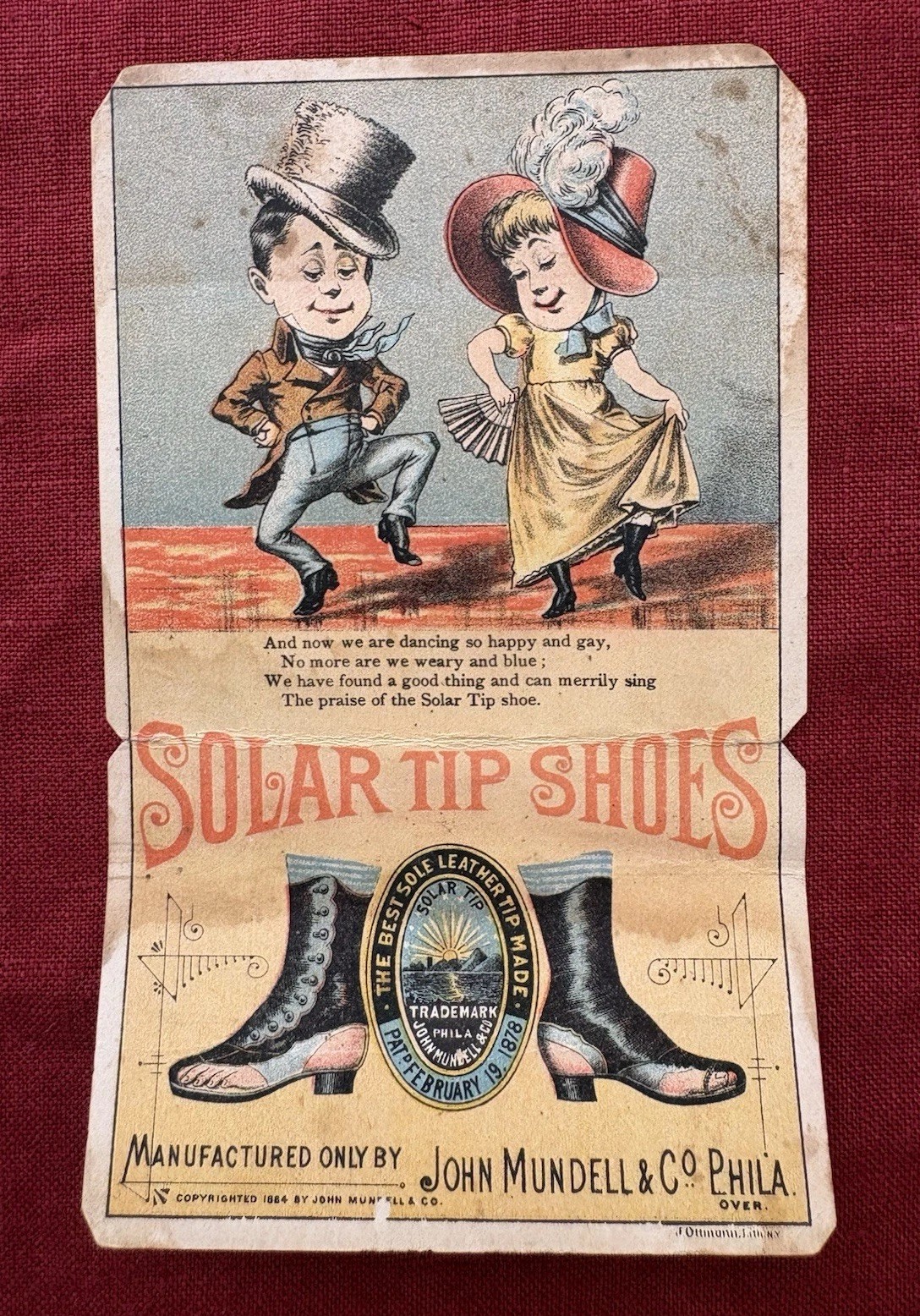 Antique 1880s Victorian Metamorphic Trade Card Advertising Solar Tip Shoes USA