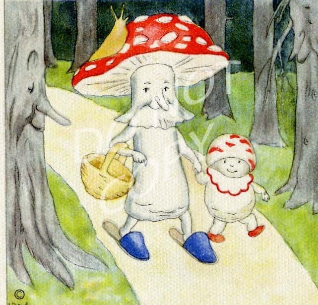 Antique Rare Ida Bohatta: Forest Friends: MUSHROOMS IN ROAD: GREETING Card 6328