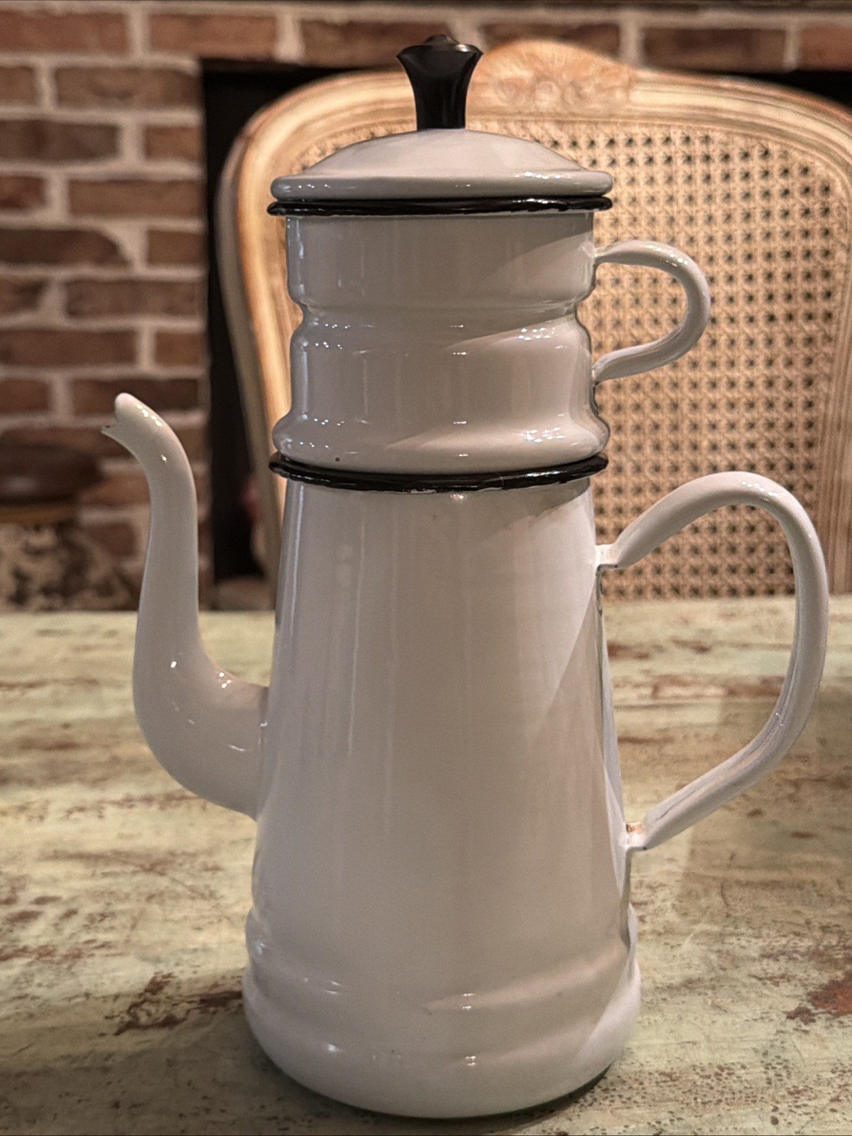 Vintage White Enamel French Drip Coffee Pot Black Trim 5 Piece Biggin Complete 