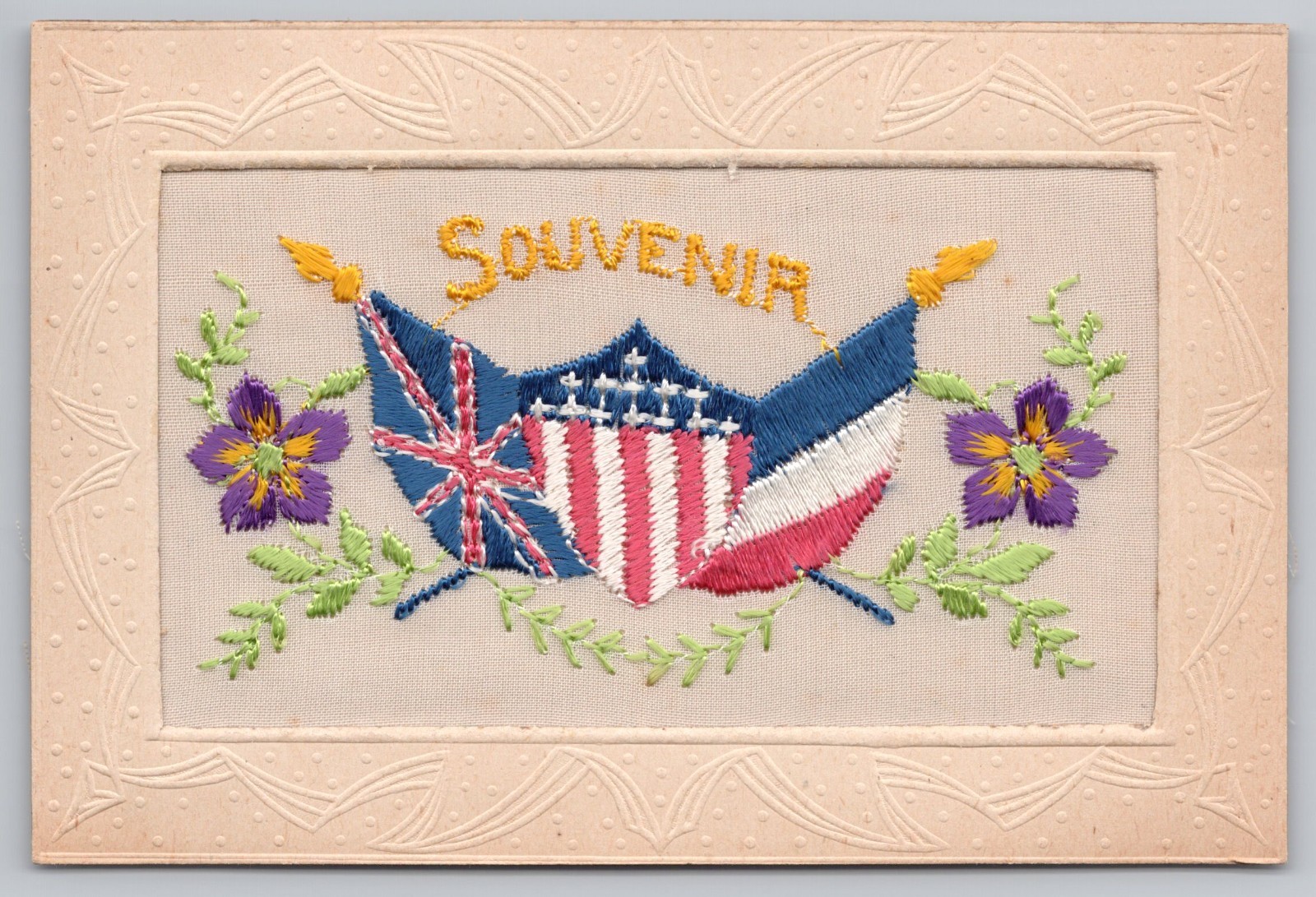 France Allied Flags Souvenir Embroidered Floral Patriotic WWI Silk Art Postcard