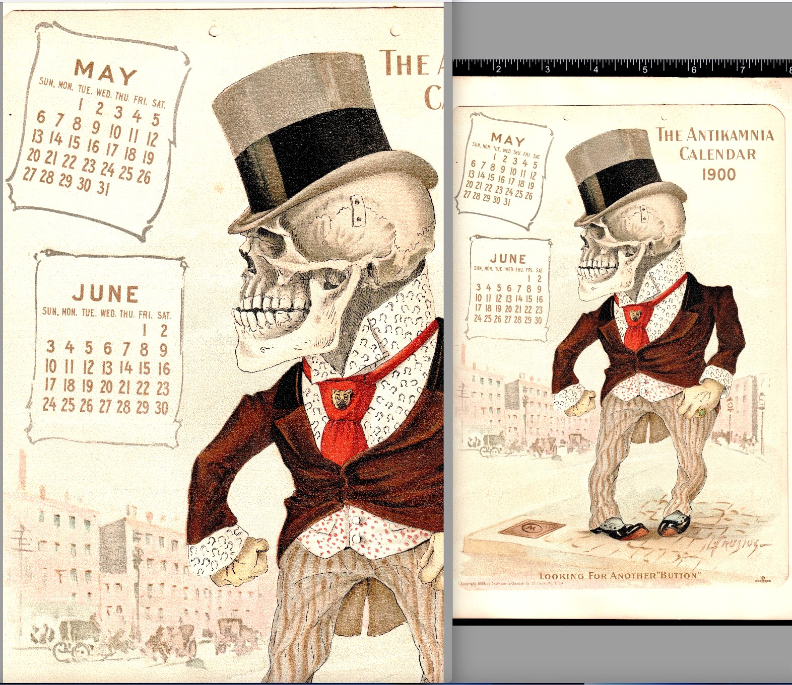 Antique 126+ yr old Antikamnia 1900 Thug Dude Calendar Pg. Skeleton Card SR.M.At