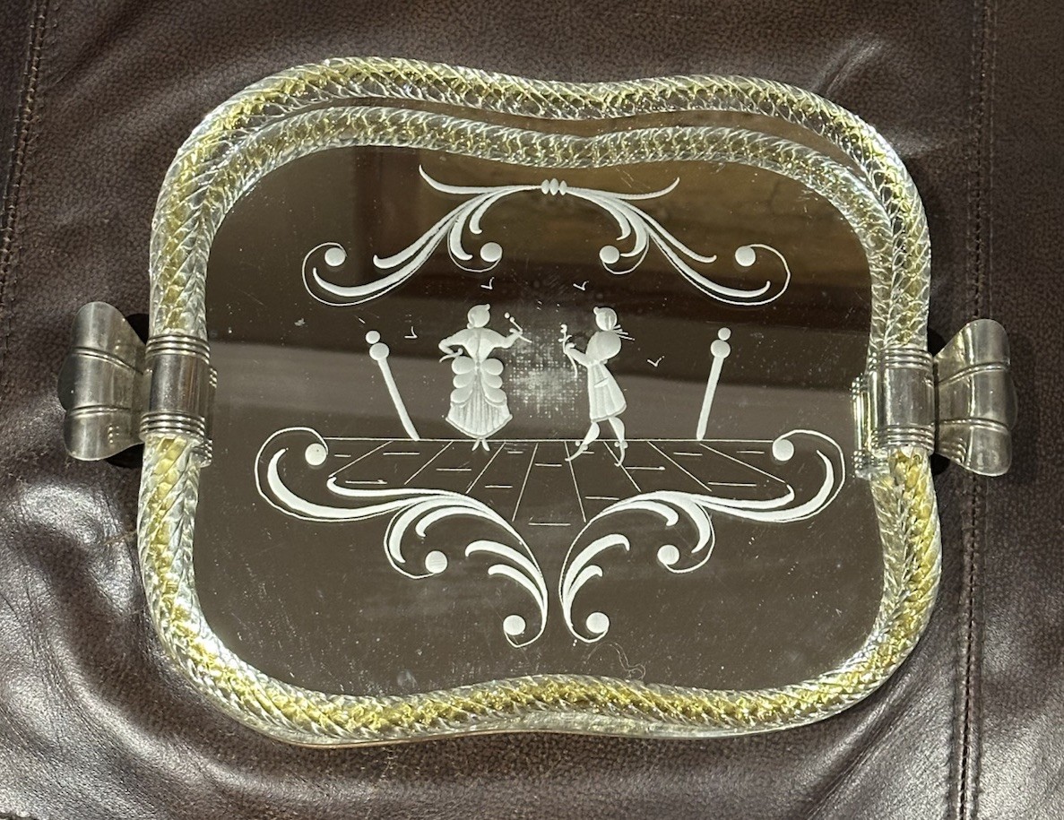 Vintage 1930s Venetian Murano Mirrored Glass Vanity Tray Hand-etched Dancing