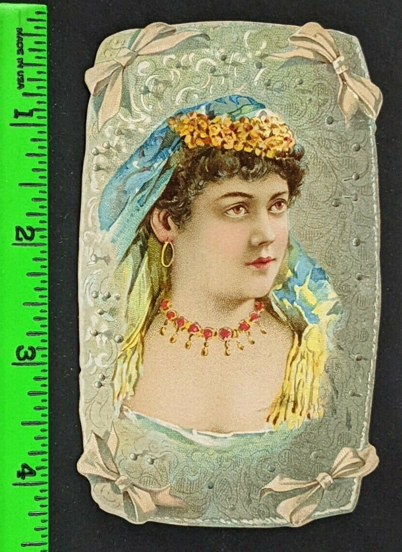 Vtg 1889 Gail Ax N122 Novelties Girls on Objects Pincushion Diecut Tobacco Card