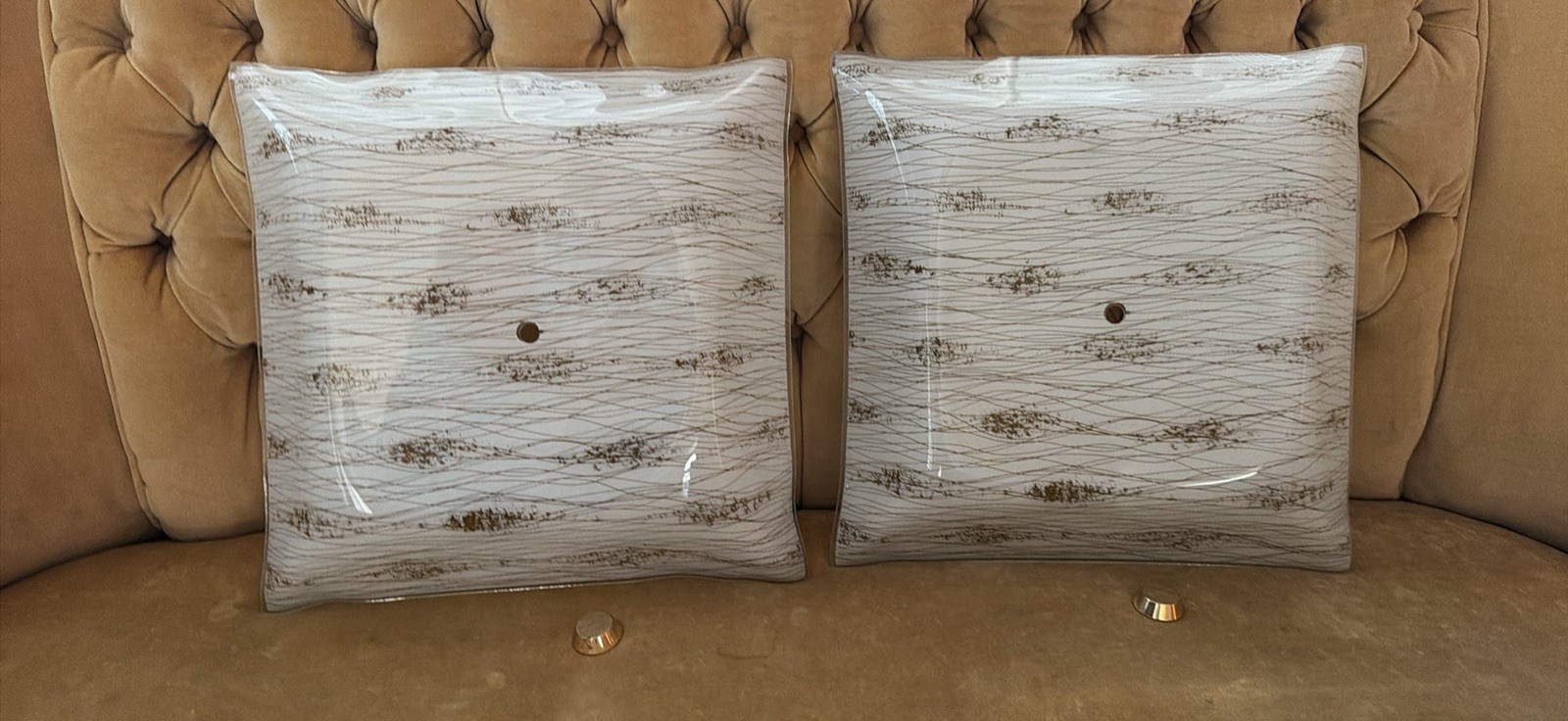 Set of 2 1960’s MCM Glass Ceiling Light Covers Gold textured Glass 13.5” Square