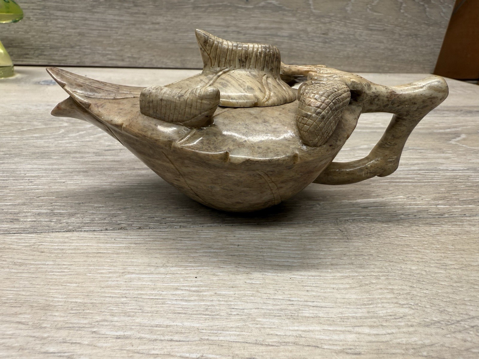 Antique Chinese Hand Carved Leaf Soapstone Teapot