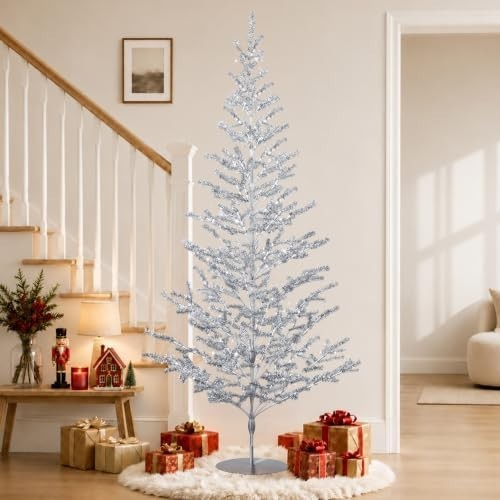 6ft Tinsel Christmas Tree, Retro Aluminum Christmas Tree, Silver