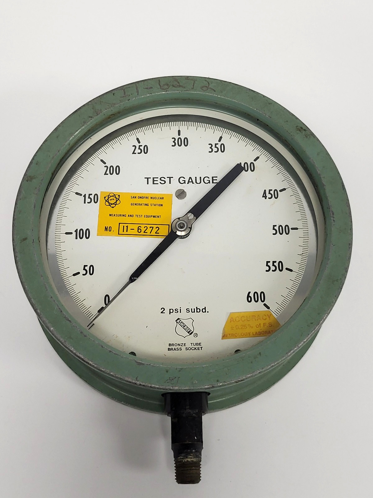 Vintage Ashcroft Test Gauge 0-600 PSI Bronze Tube Bronze Socket
