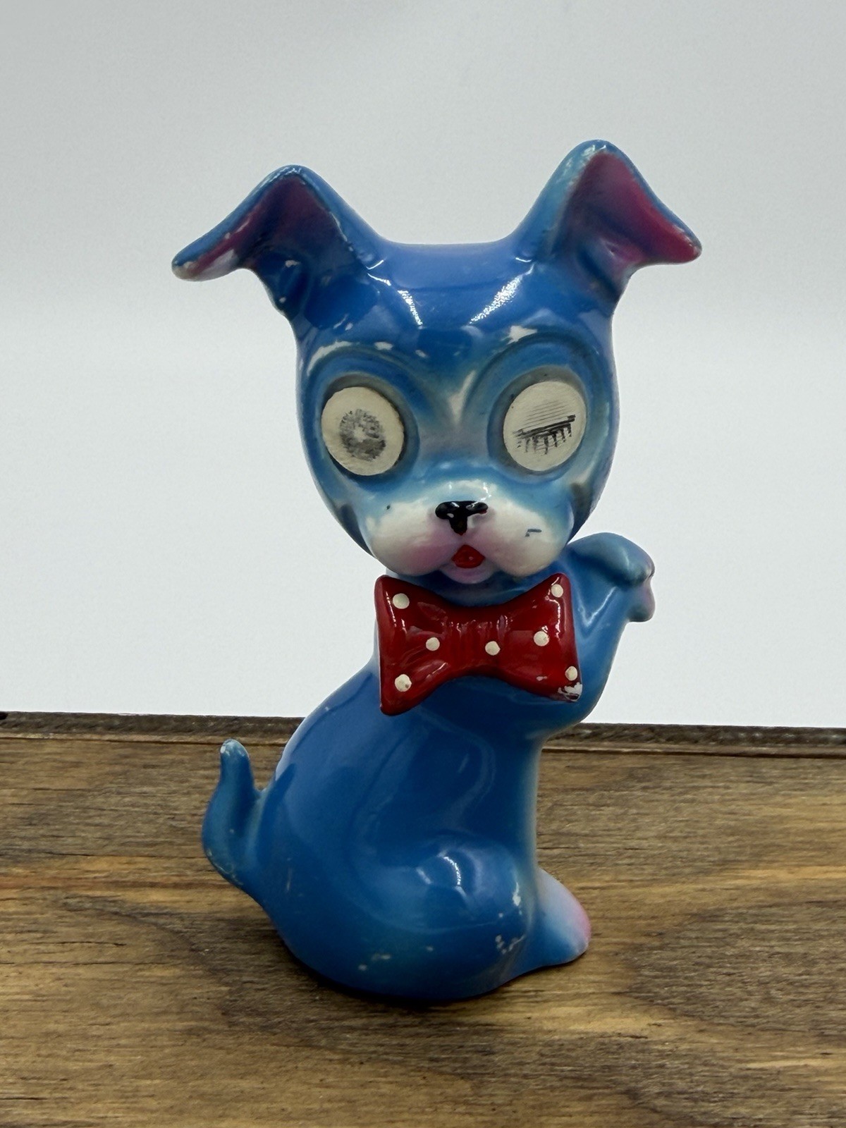 Vintage Blue Ceramic Puppy Dog Figurine w/Lenticular Eyes & Polka Dot Bow Tie