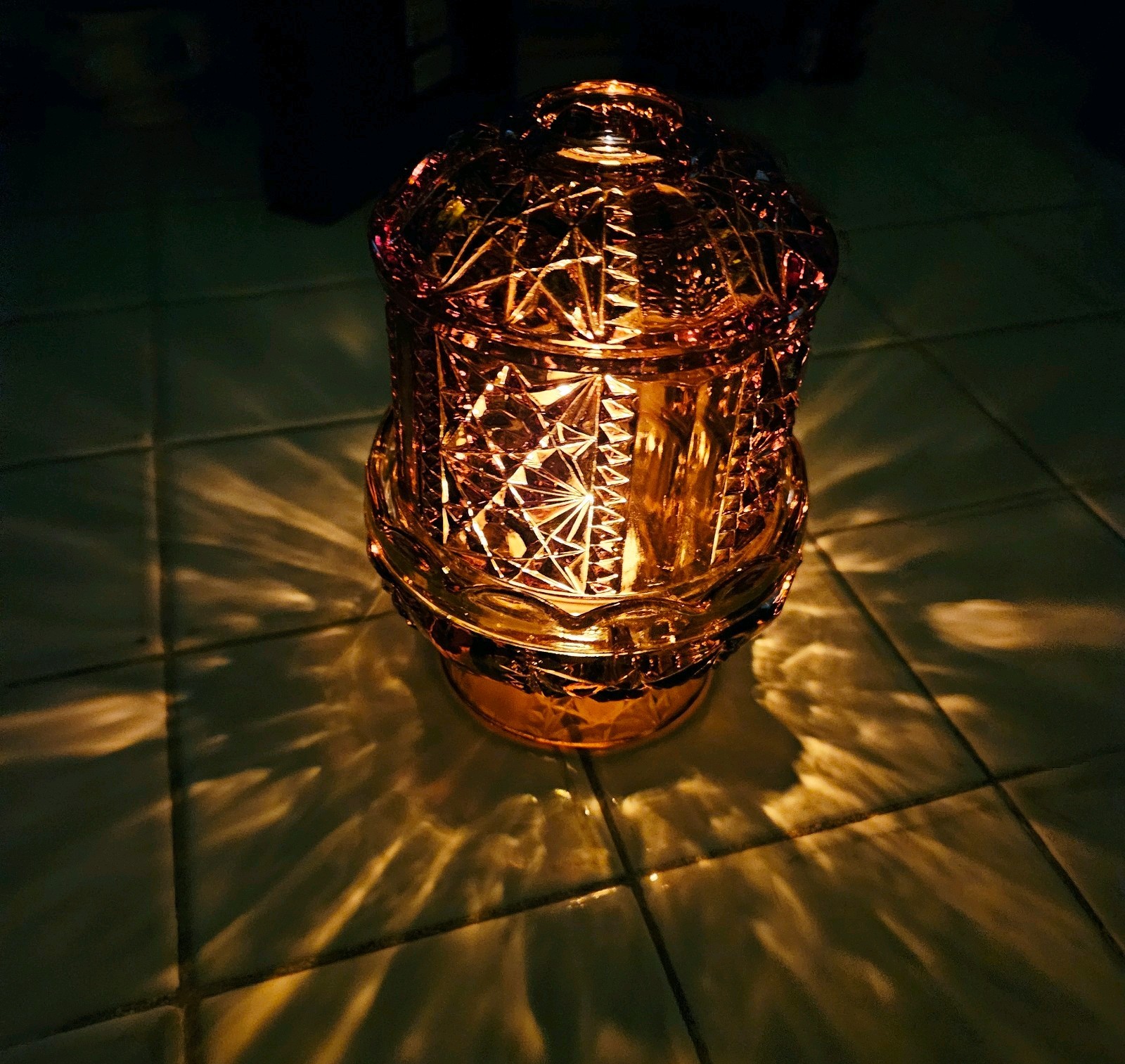 Vintage Indiana Glass 6.5” Amber Stars & Bars Fairy Lamp Candle Holder