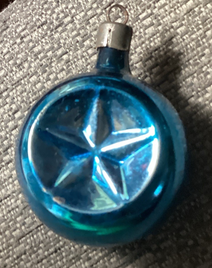 Vintage 1940's Premier Star Double Indent Glass Blue Christmas Ornament 2”