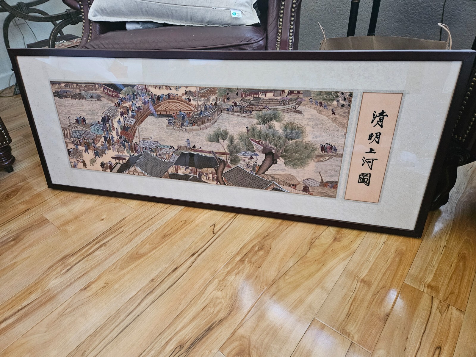 Vintage Chinese Qingming River Scene Embroidered Scroll Wall Hanging Decor