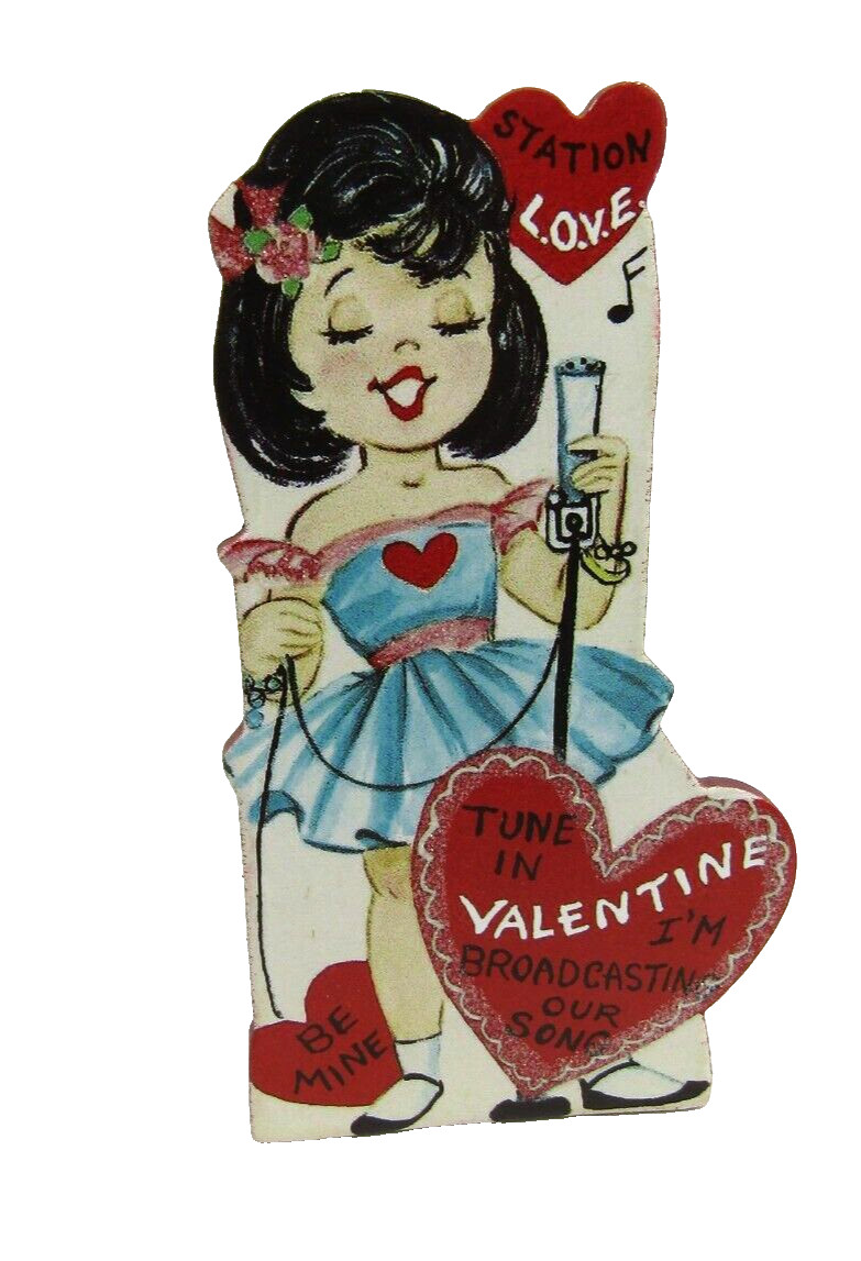 Vintage-look Valentine Die cut stand up girl singing and partying