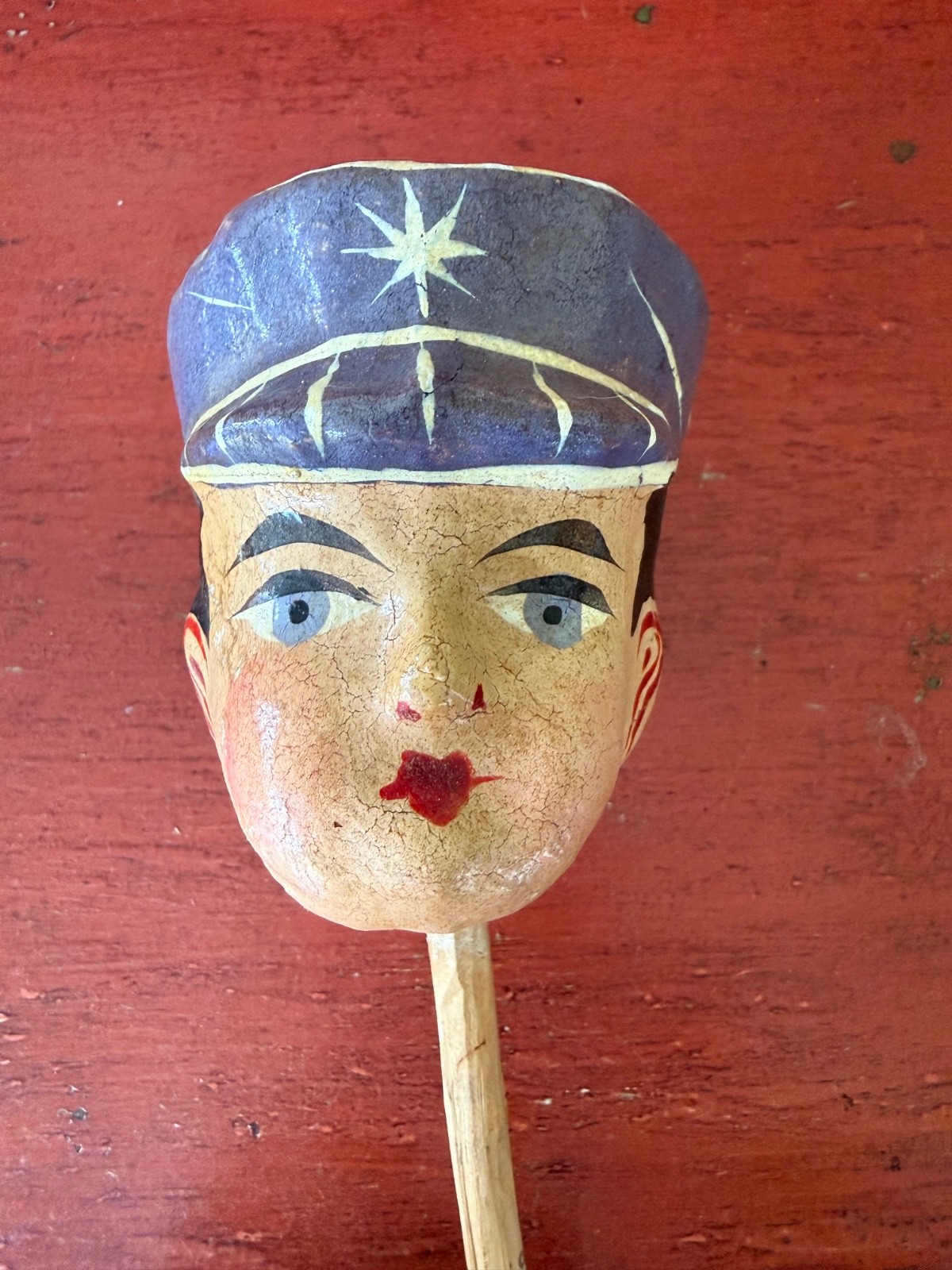 Vintage Paper Maché Sailor Noise Maker Rattle Shaker Wood Handle - MX Folk Art