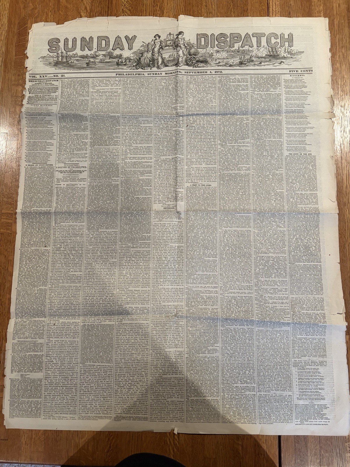 Sunday Dispatch Philadelphia Newspaper Sept 1, 1872  23x31 4 large pages