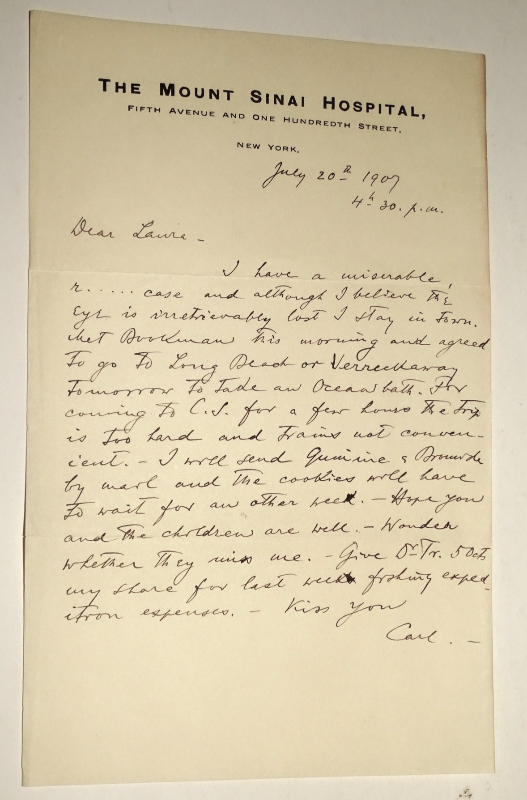 Dr Carl Koller Signed Letter 1907 Mt Sinai Hospital NY Cocaine Local Anesthesia