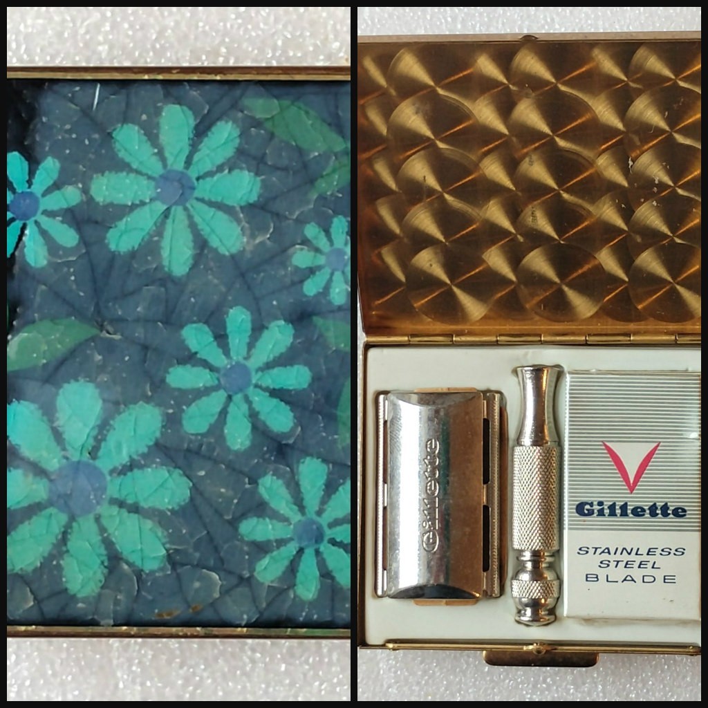 Vintage 1964 Gillette Lady\'s Floral Enamel Travel Safety Razor Set Case
