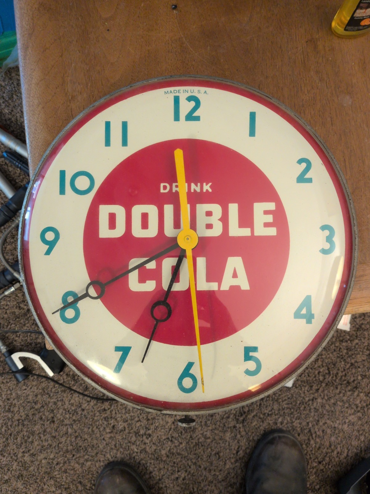 Vintage 1950’s Retro Double Cola Advertising Bubble Glass Clock 12