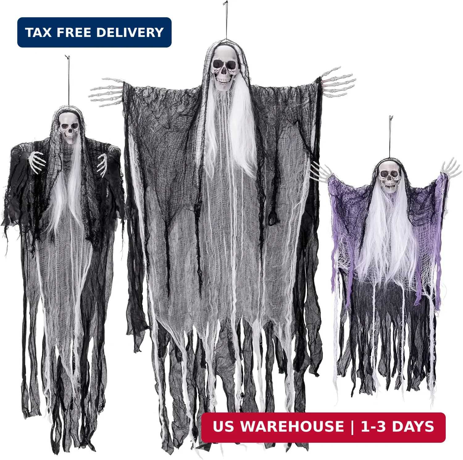 3 Pack Halloween Hanging Ghost Decorations - Poseable Grim Reaper for Yard