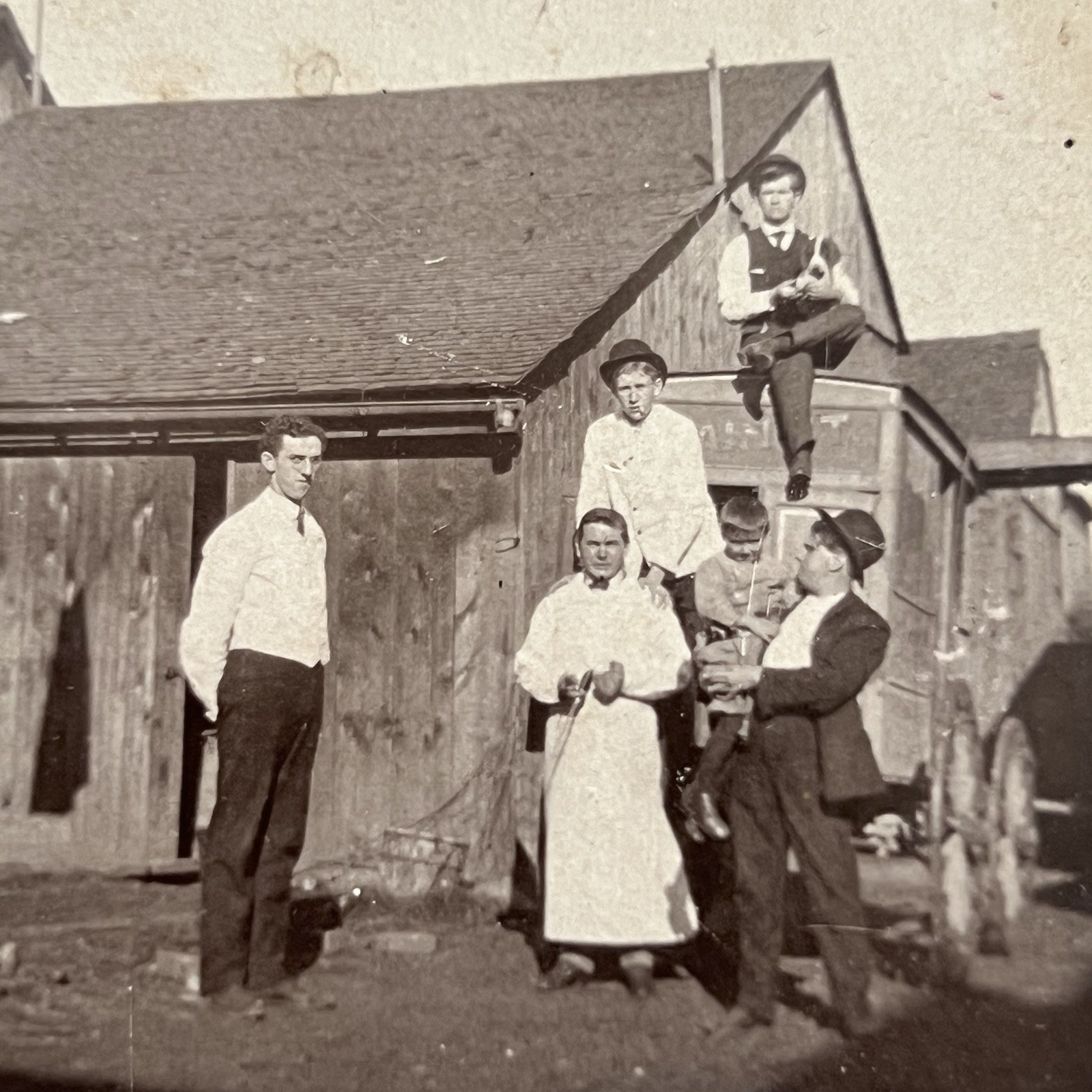 Antique Group Photograph On Board Outside Dog Boy On Meat Wagon Occupational Man