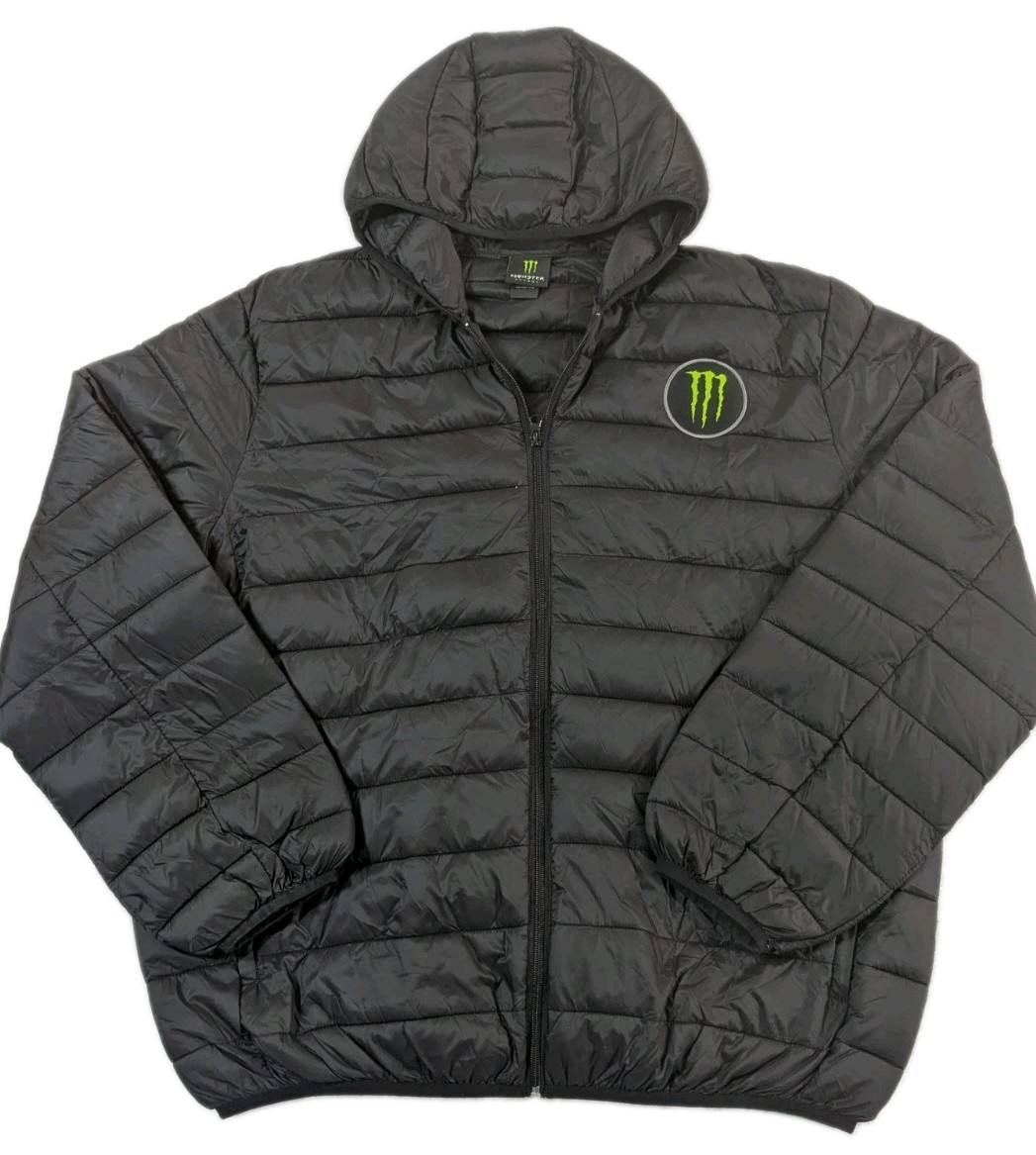 Monster Energy Drink Hooded Puffer Jacket Men\'s Sz 2XL Black Promo K. Block 