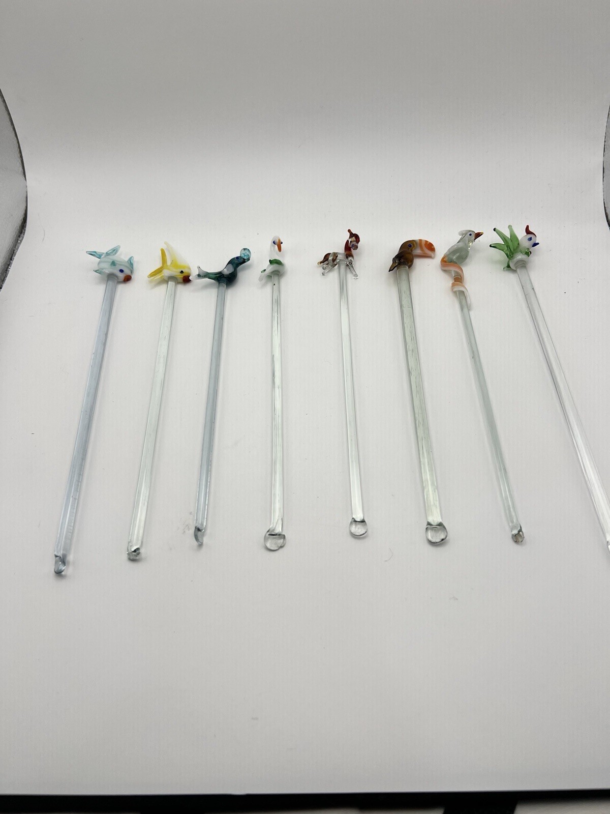 VTG Lot 8 Tropical Animals Hand Blown Glass Cocktail Swizzle Sticks Drink Stirs