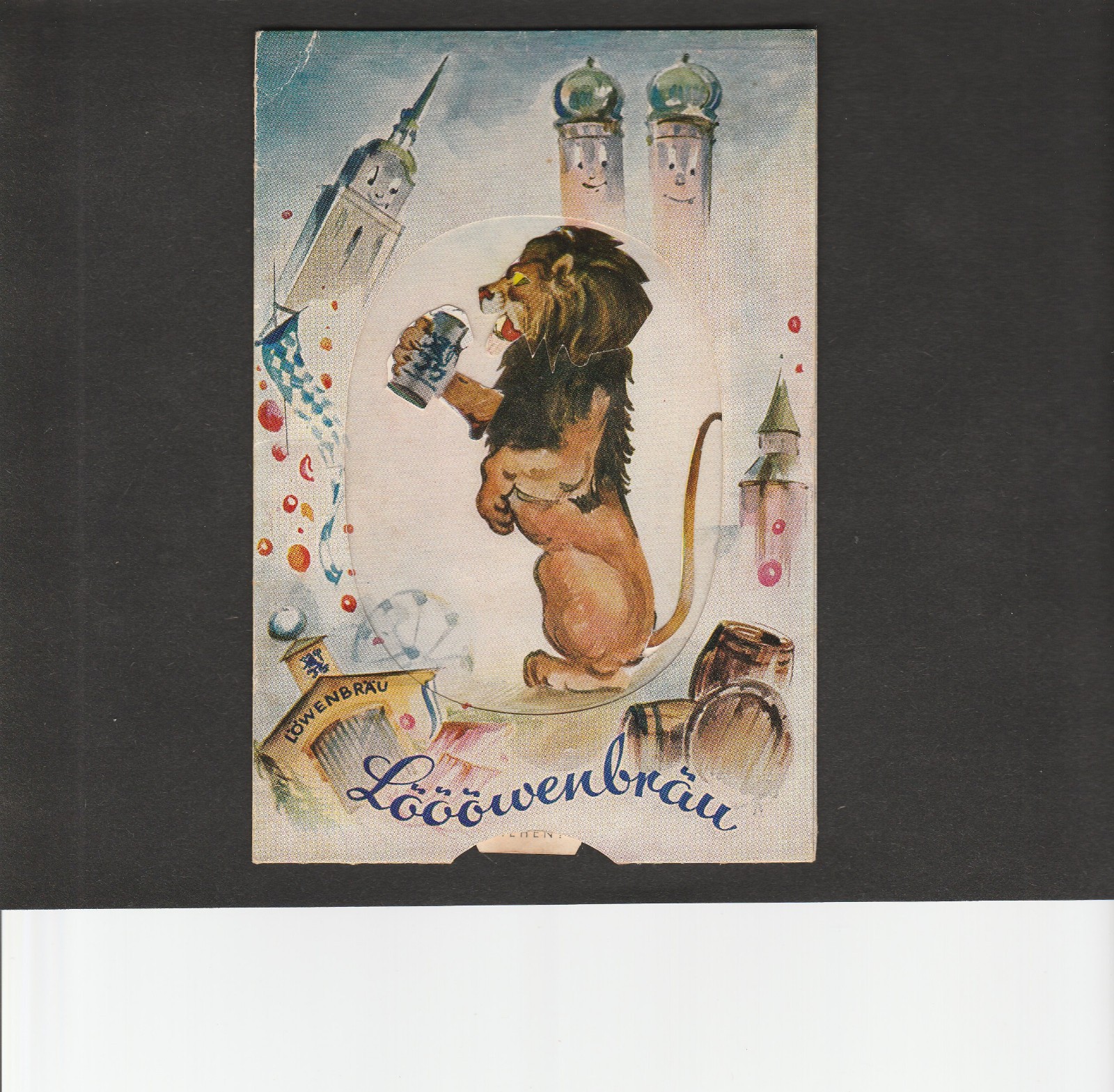 vintage Lowenbrau German Beer Mechanical Postcard Lion w/ Stein