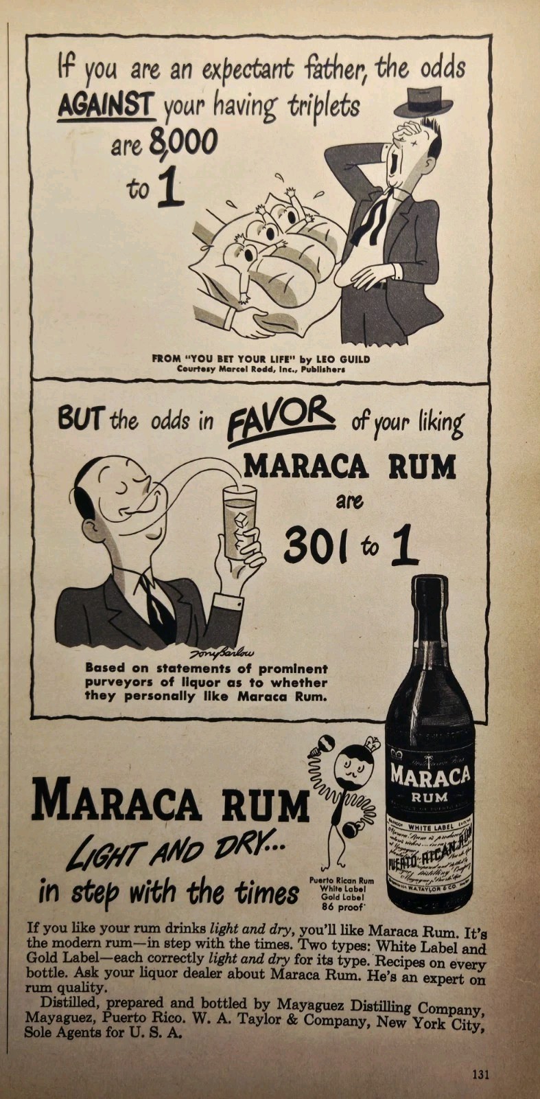 1947 Maraca Rum Print Ad - Tony Barlow Cartoon Expectant Father Odds of Triplets