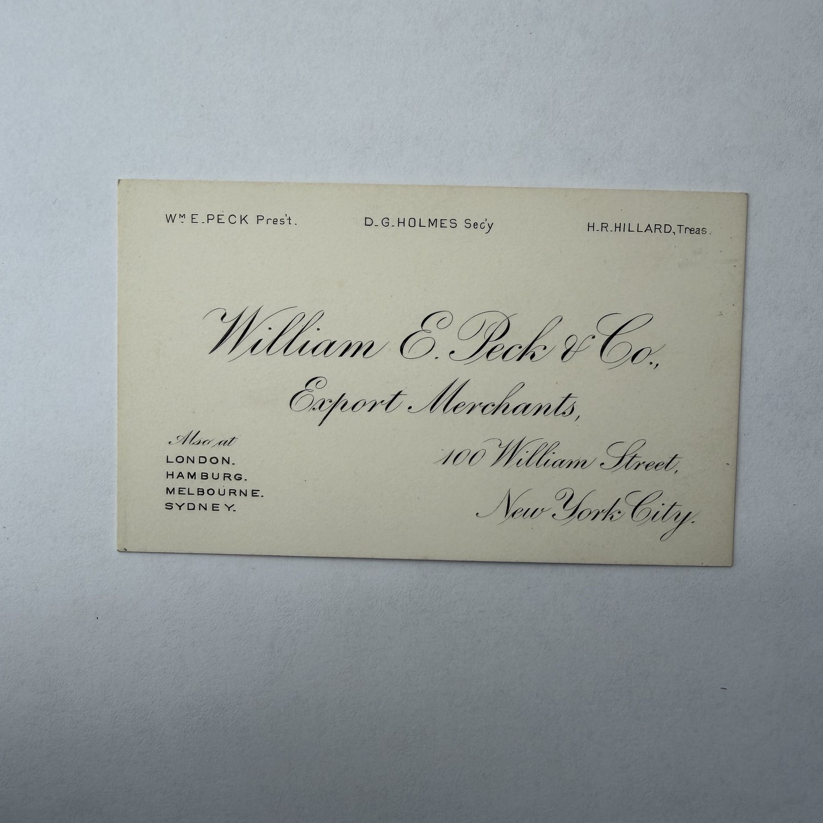 C1900s Victorian William E Peck & Co Export Merchants New York Business Card