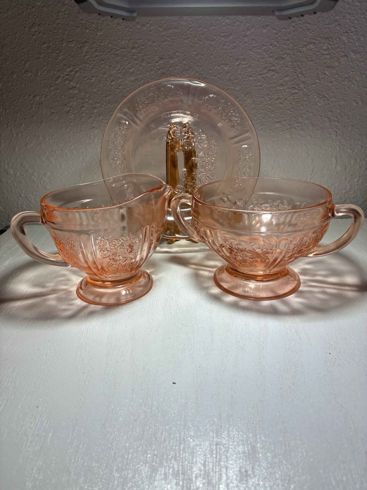Vintage Federal Sharon Rose Pink Depression Glass Sugar &Creamer Dish & 1plate