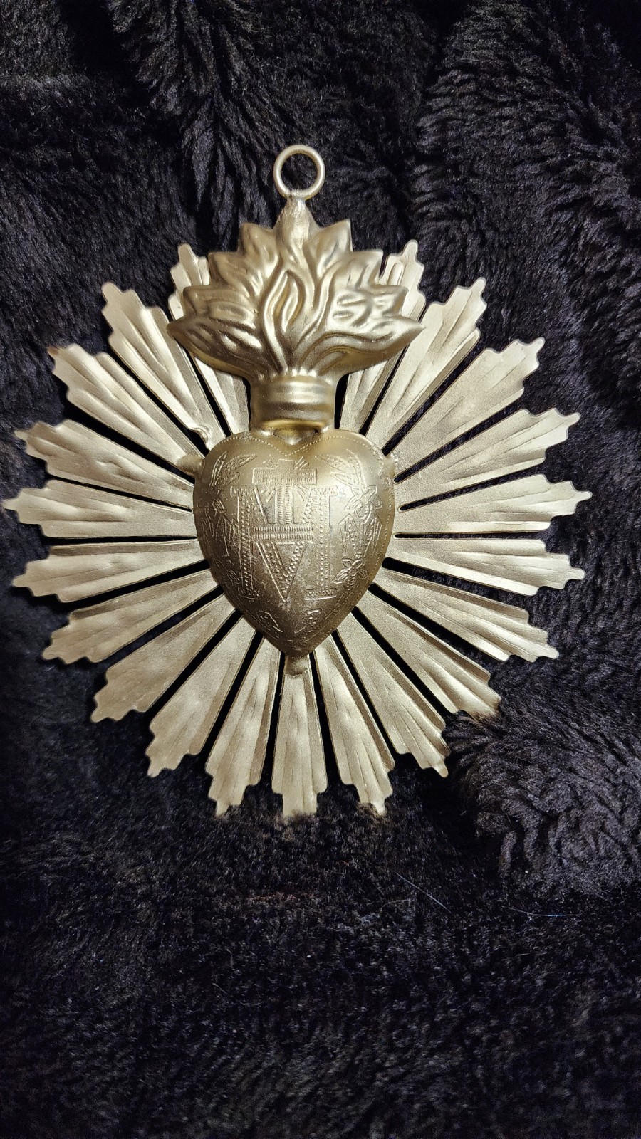  Sacred Heart Ex Voto with Sunray Halo, Antiqued Brass Milagro Ornament