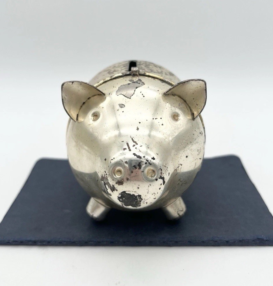 Vintage 60s Napier Silver Plated Piggy Bank Figural Pig Coin Bank w/ Patina