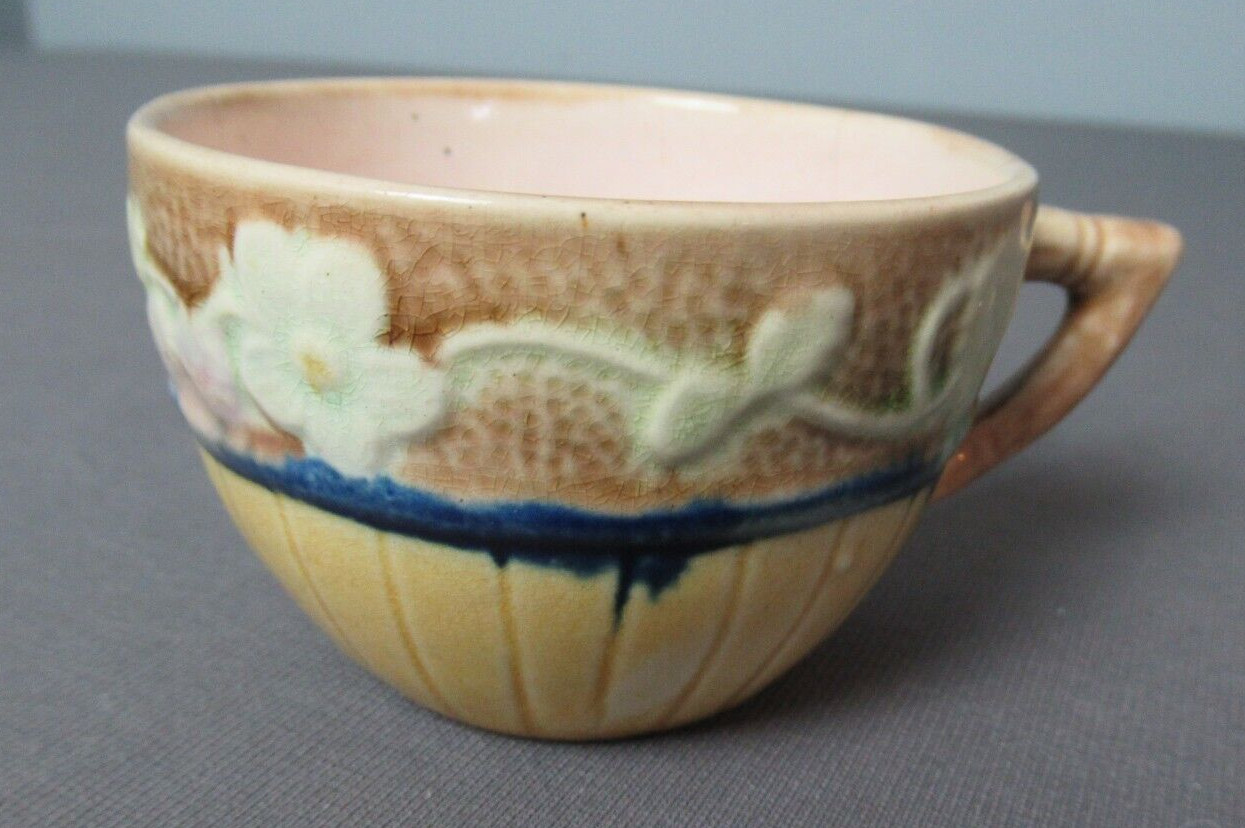 Antique Cream Ware Cup - Signed - Cobalt Blue & White Flowers - England - 11 161