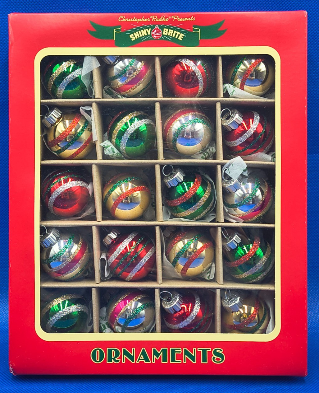 Radko Shiny Brite Box 20 Small Christmas Ornaments Green Red Silver Gold Striped