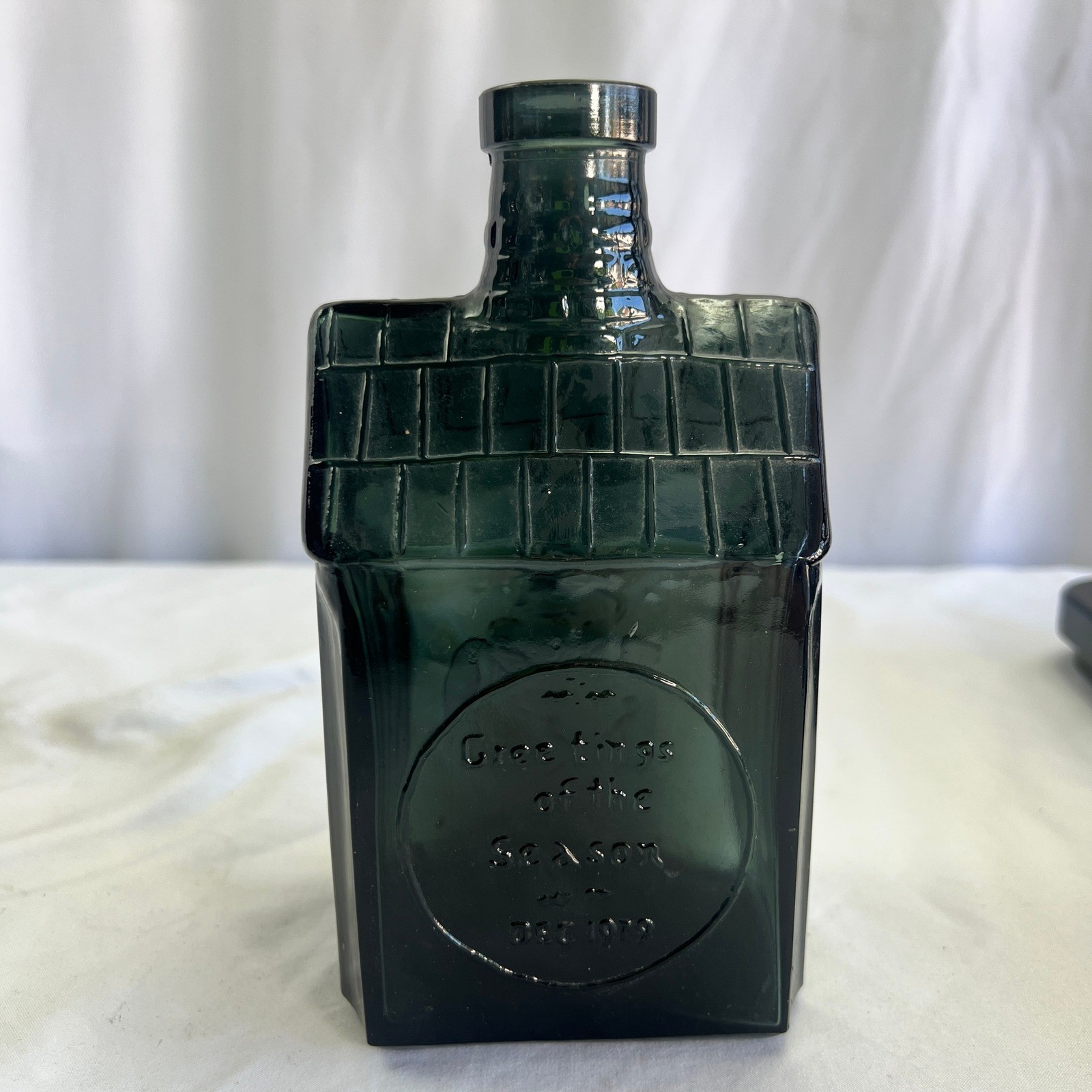 Vintage 1979 Dark Green Glass House Decanter Greetings of the Season FNB 7.5in
