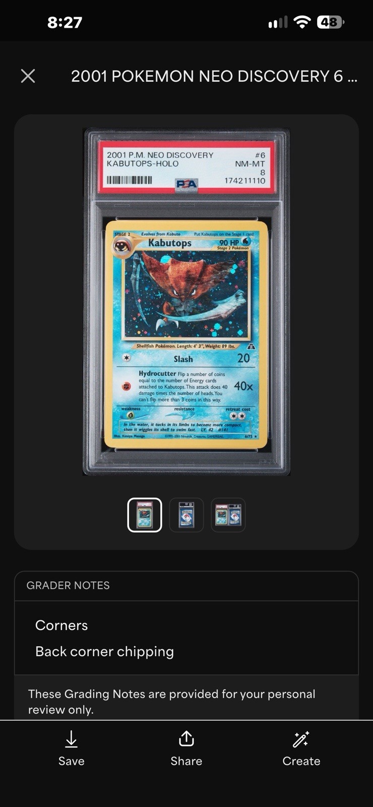 Pokémon Neo Discovery 2001 Kabutops Holo 6/75 English PSA 8 Graded Card