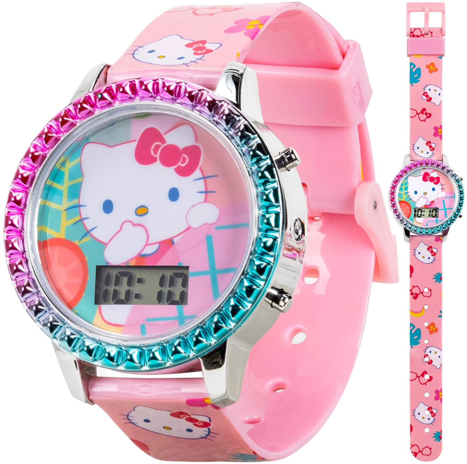 Sanrio Hello Kitty Girls' Digital LCD Quartz Watch with Pink Strap and Colorful