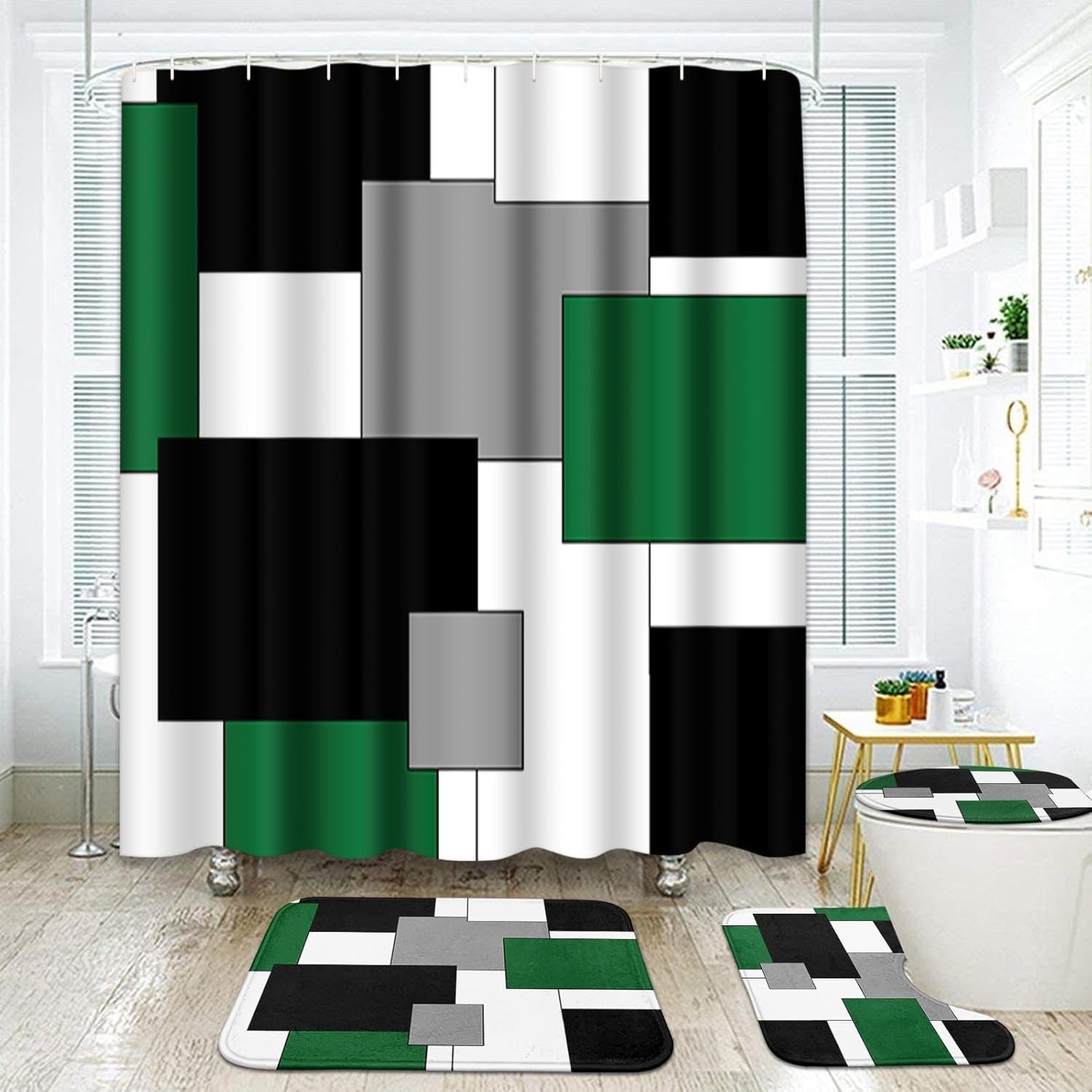 Geometric Green Bathroom Set with Shower 72\