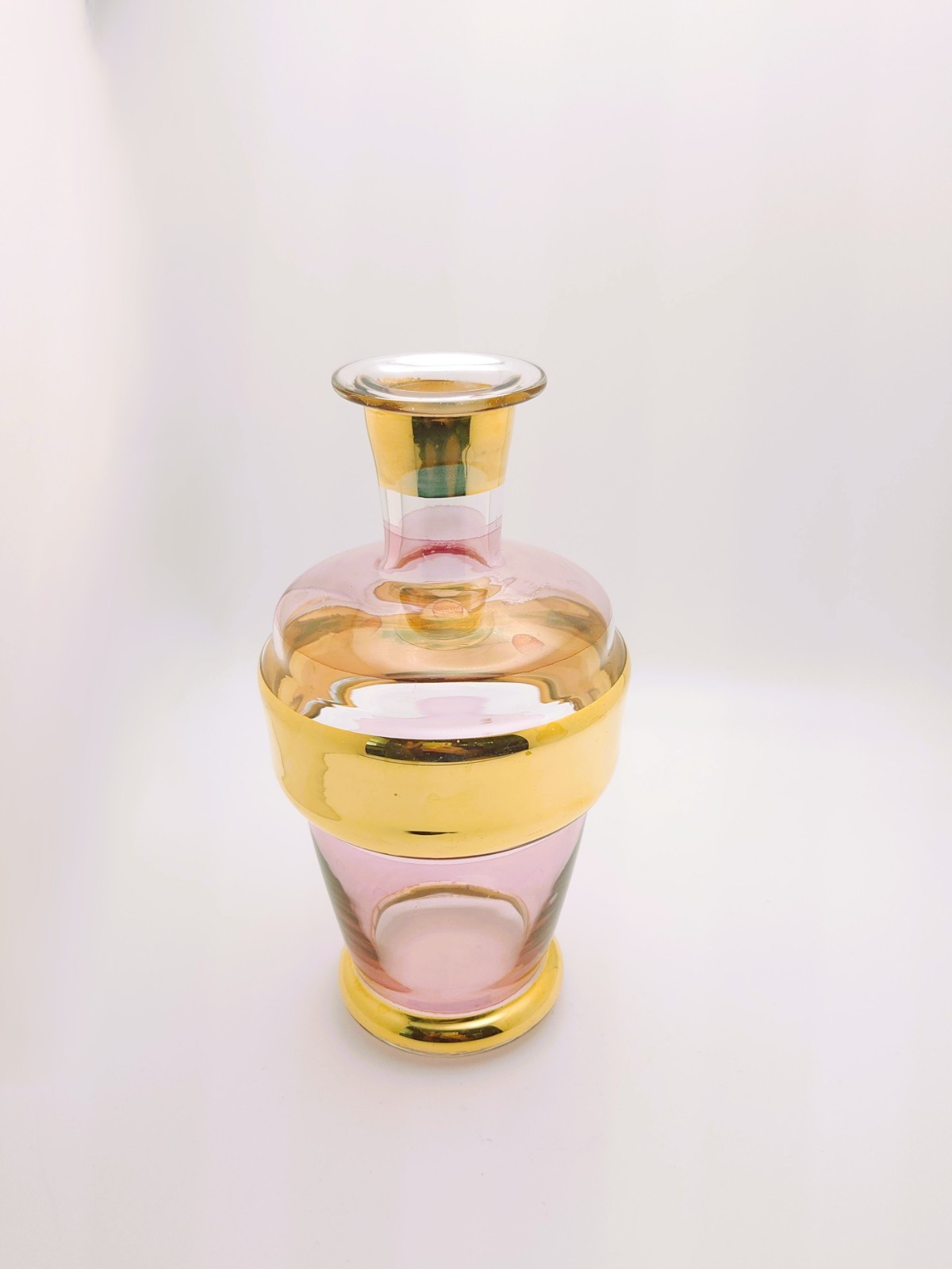 Vintage Pink Glass Gold Band Decanter Bottle MCM Hollywood Regency 8\