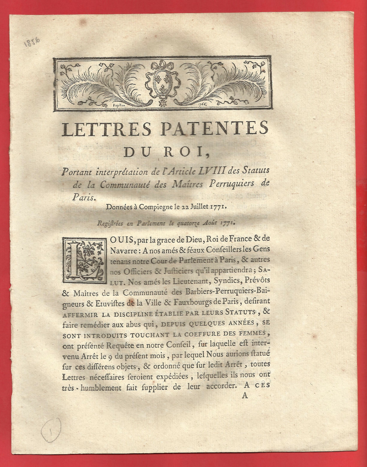 AC59-DECREE 1856-[LETTERS PATENT OF THE KING]-[MASTER BARBERS WIGS]-1771