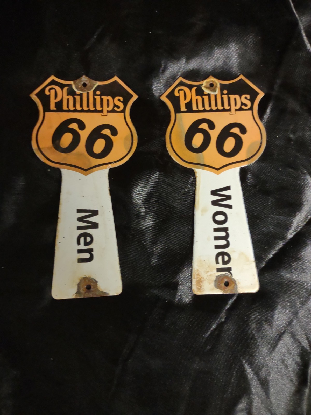 VTG Phillips 66 Porcelain Gas Station Sign Pair Restroom Bathroom Key Holder