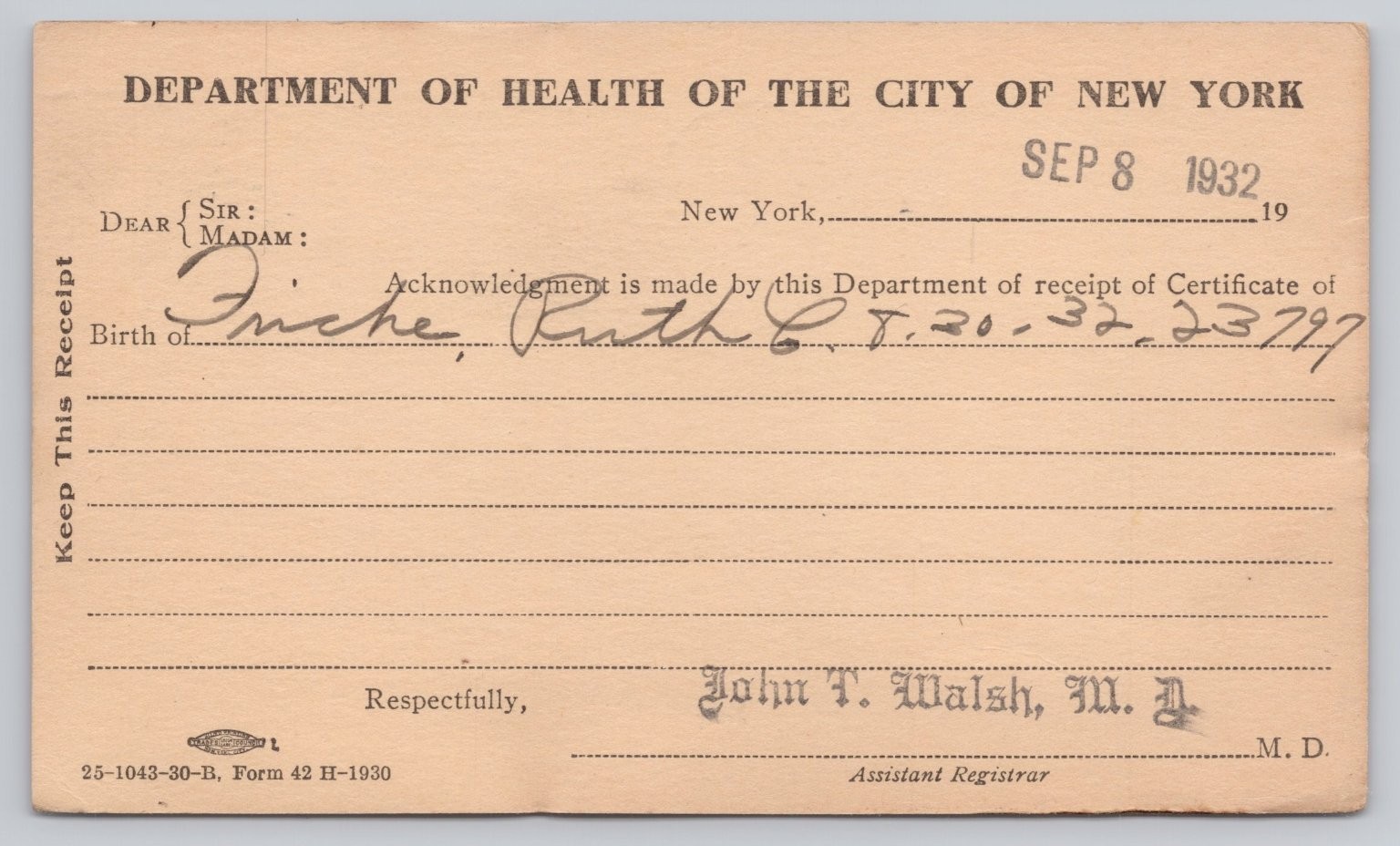 1932 NYC Department of Health Birth Certificate Acknowledgment Postcard