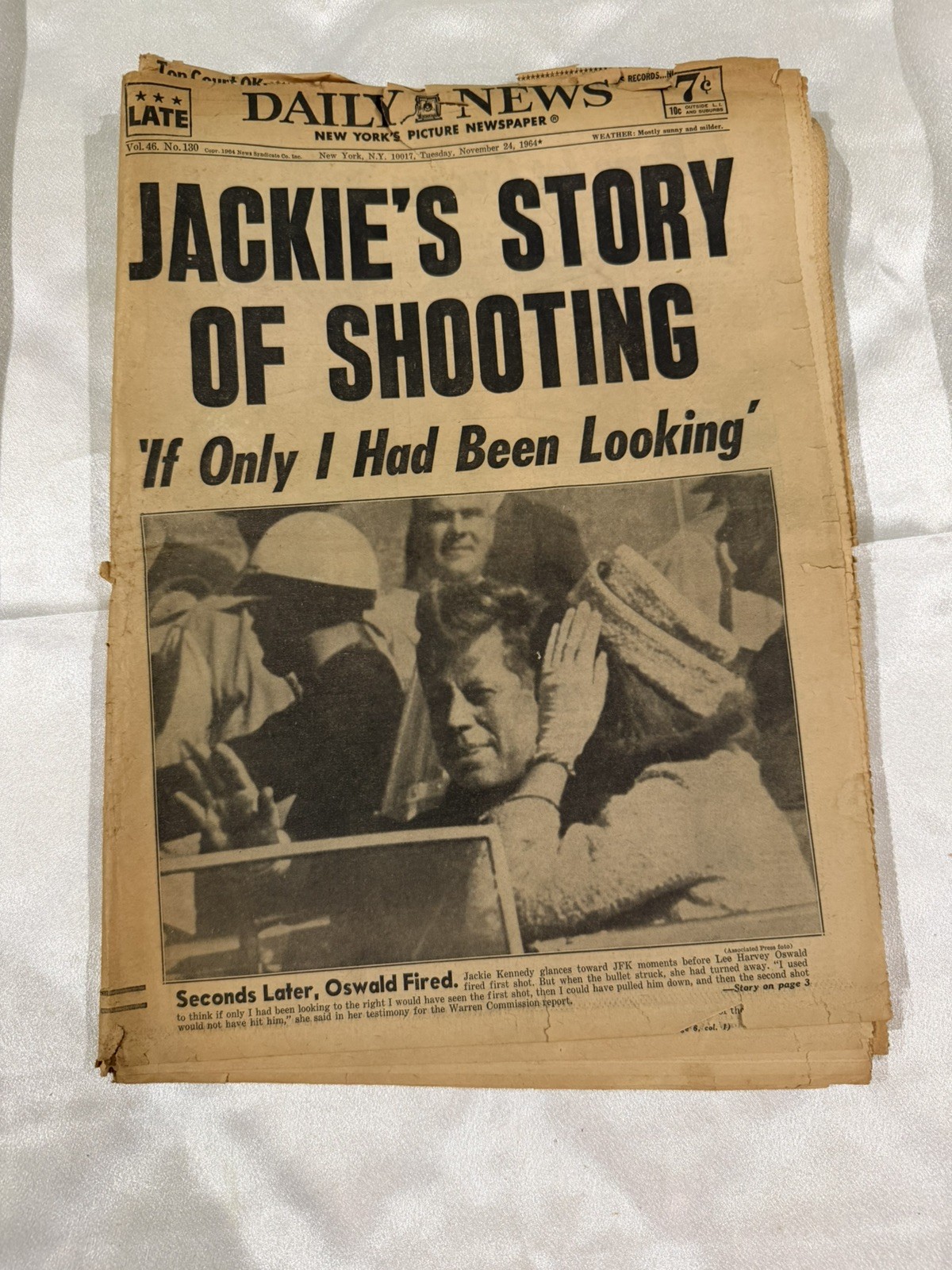 **JFK** Vintage New York Daily News November 24 1964 Jackie's Story Of Shooting