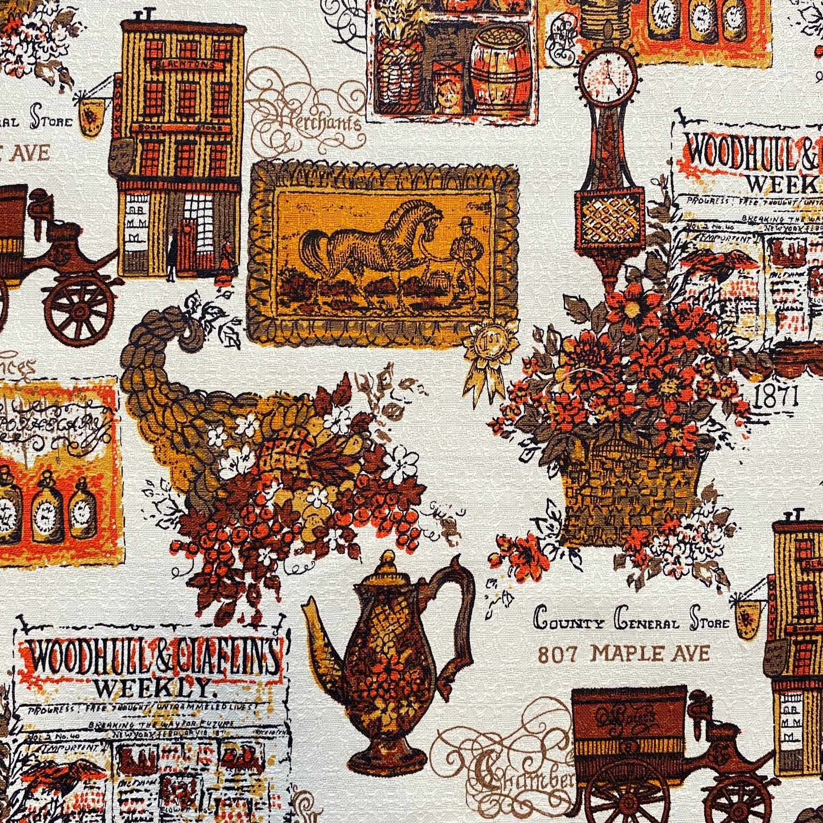 BTY 1950s Colonial Barkcloth Fabric Vintage Americana