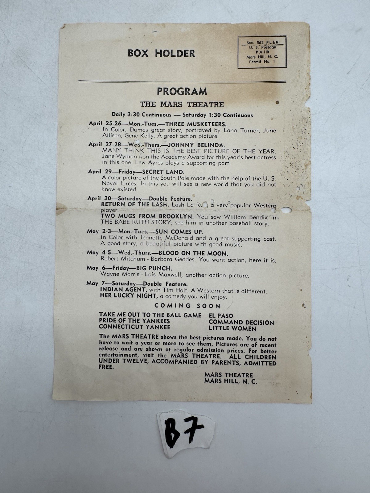 Mars Theatre April-May Program Handbill Mars Hill North Carolina Ephemera
