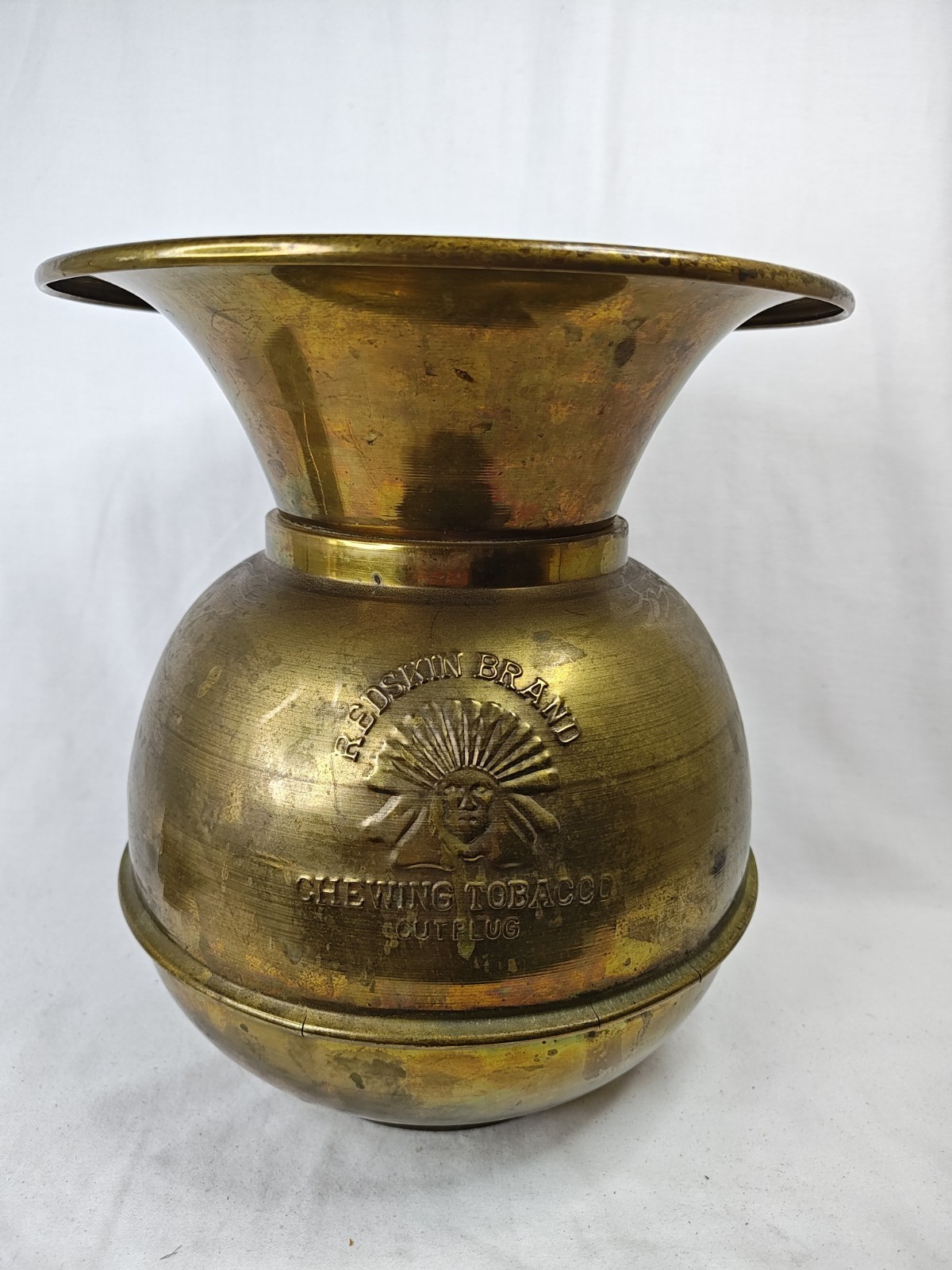 Vtg Redskin Brand Chewing Tobacco Cut Plug Brass Spittoon Cuspidor Embossed 