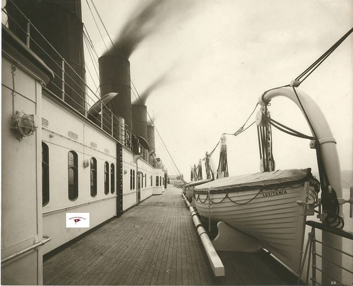 Lusitania Boat Deck, Reprint image w Funnels and Lifeboat, very clear