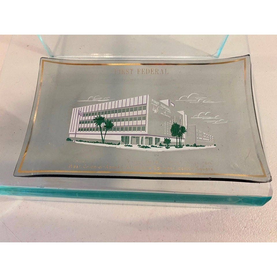 Vintage First Federal Savings Orlando Glass Trinket Tray Mid Century Bank Decor