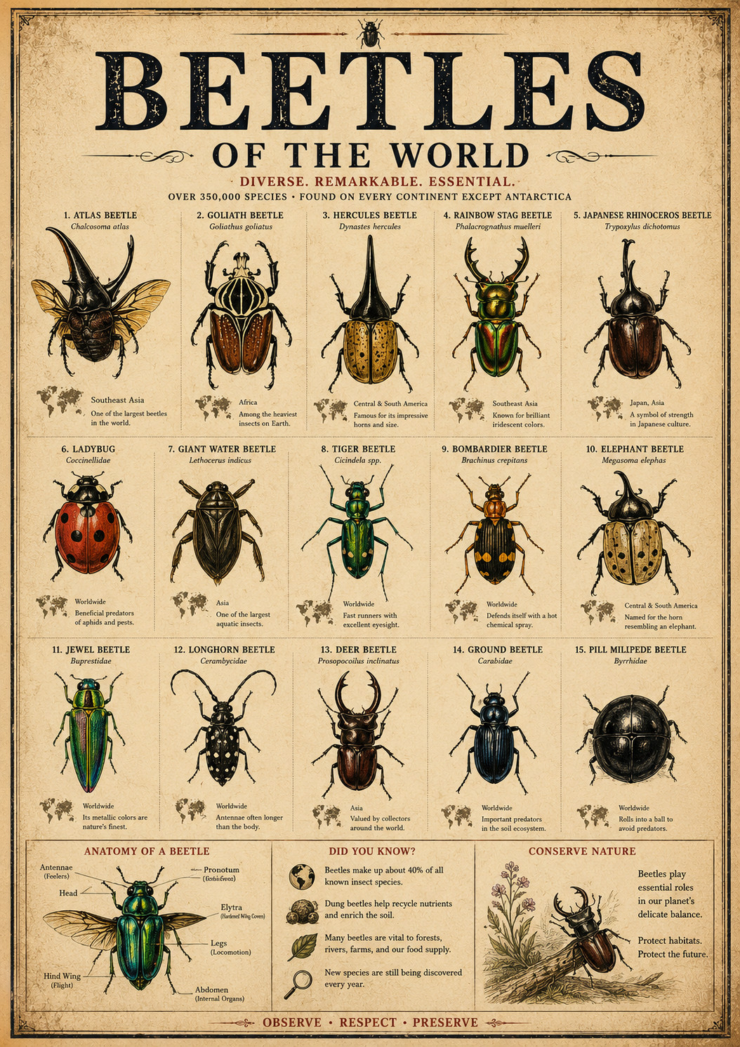 Beetles of the World Poster 13x19 – Vintage Beetle Species Chart Entomology